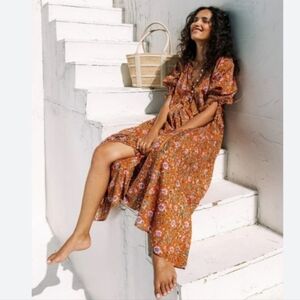 Cleobella Mahani Kaftan Dress - Terracotta Floral Boho Midi Dress Size Small